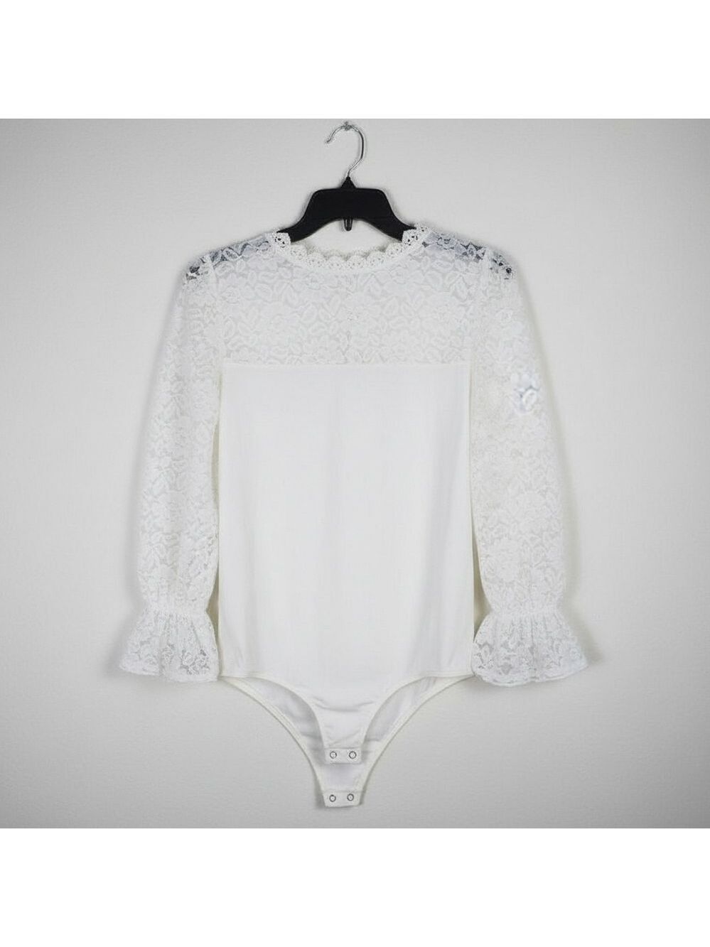 Express Floral Lace Puff Sleeve Bodysuit White Medium
